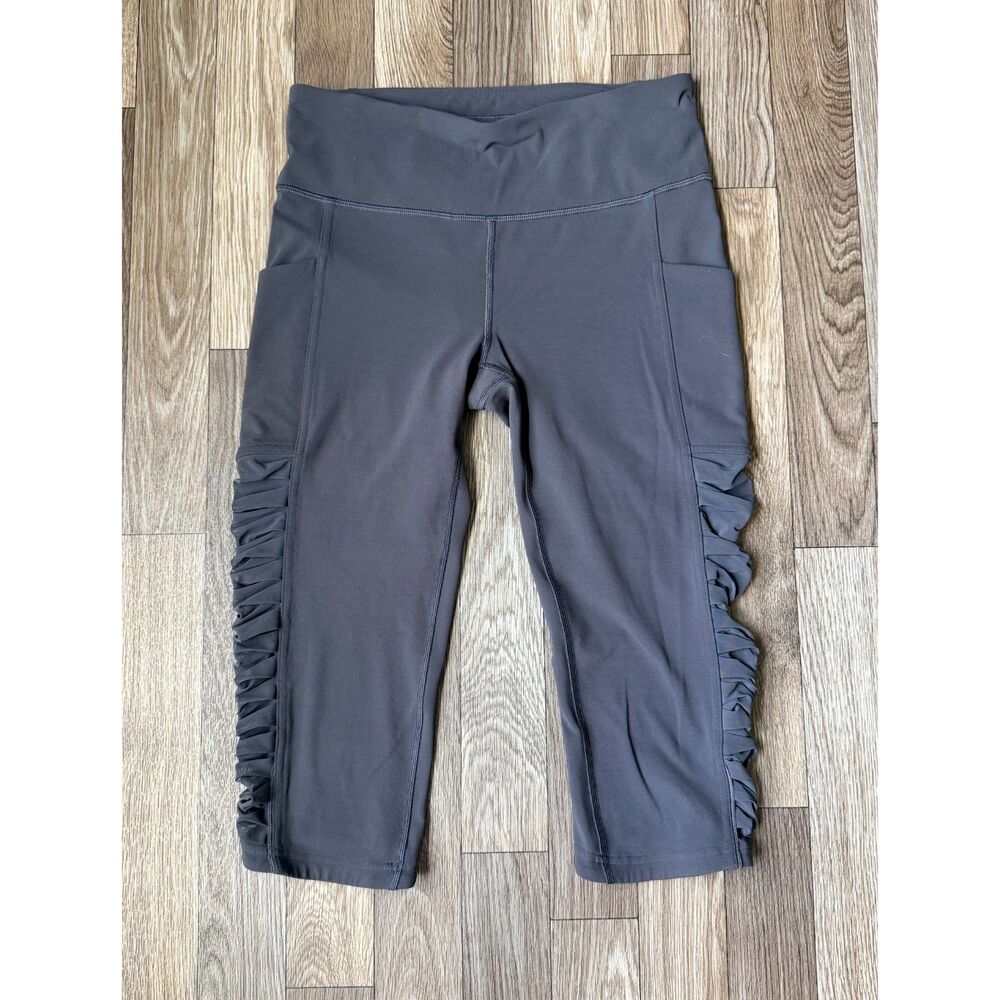 Lululemon Sharp Turns Crop 17" Size 6 Blue Tied Grey Mesh Ruched Pocket Leggings